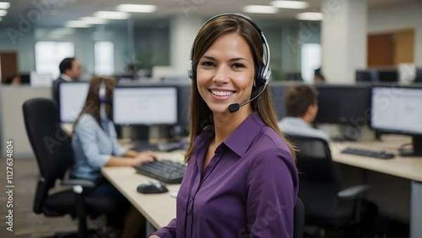 Fototapeta A young brunette woman in a violet outfit, wearing a headset, assists customers with a warm smile in a vibrant purple office environment.