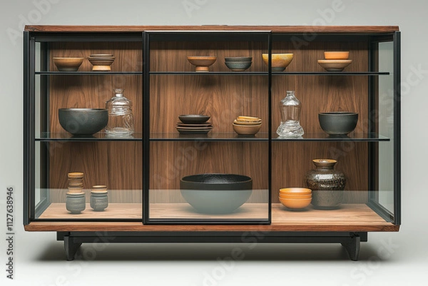 Fototapeta Photographie d'une vitrine en verre moderne avec cadre métallique, sans poignées et bouteilles d'alcool, design épuré sur fond blanc