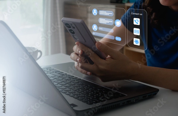 Fototapeta Contact us, Chatbot conversation assistant. Woman use online customer service with chatbot to get support. AI automatic answering machine. Artificial intelligence, CRM software automation technology.
