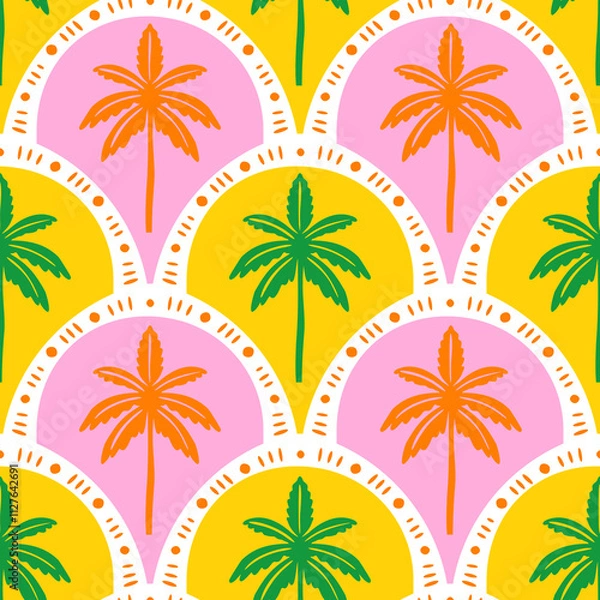 Fototapeta Hand drawn palm tree doodle seamless pattern illustration. Colorful hawaiian print, summer vacation background in vintage art style. Tropical plant painting wallpaper texture.	
