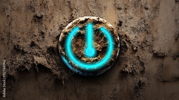 Fototapeta A glowing power symbol encased in dirt, set against a textured background, symbolizes technology or rebooting, Ideal for themes of restoration, innovation, or the digital transformation process,