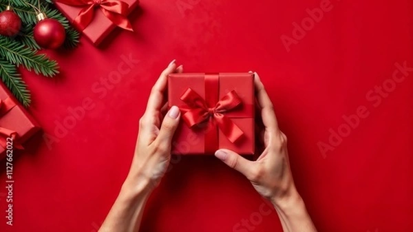 Fototapeta Woman hands holding red gift box on red background with festive decoration among fir tree branches and Christmas balls. Christmas presents. Holiday mood. Flat lay, top view. Copy space
