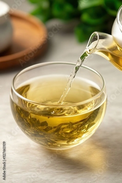 Fototapeta A warm cup of green tea is being poured from a glass teapot into a transparent bowl, showcasing the tea leaves floating within, This image is perfect for wellness, beverage articles