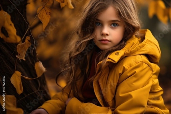 Fototapeta Portrait of a beautiful little girl in a yellow coat in the autumn forest.