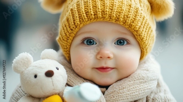 Fototapeta A cute baby wearing a cozy yellow hat and scarf, holding a small teddy bear, captures innocence and warmth, This image is perfect for family-related content, parenting articles
