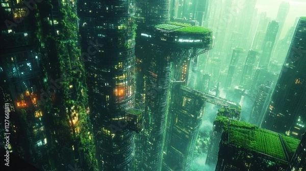 Fototapeta Futuristic city overgrown with vegetation, aerial view.