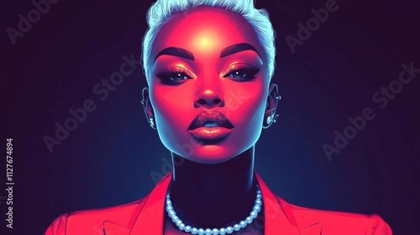 Fototapeta Stylish Woman in Red Jacket - Neon Portrait
