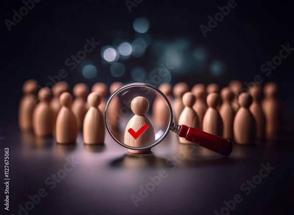 Fototapeta A magnifying glass focuses on a single wooden figure marked with a checkmark, signifying selection from a group of similar figures.  The scene suggests recruitment, assessment, or choosing the best ca