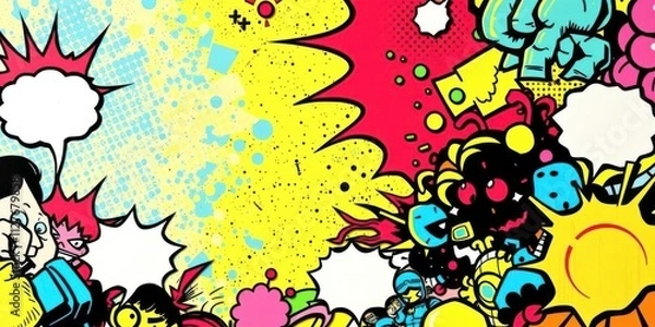 Fototapeta A vibrant and colorful comic book background featuring action-packed illustrations and speech bubbles, speech bubbles, action-packed