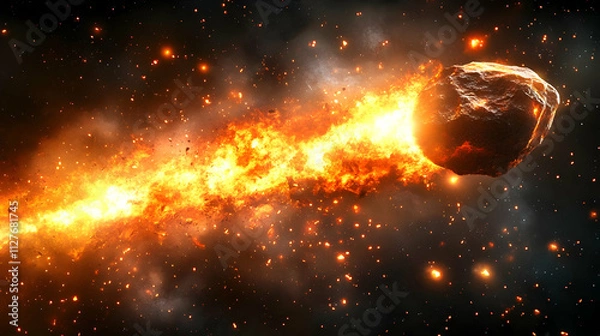 Obraz Fiery Asteroid Enters Atmosphere, Igniting Trail, Cosmic Spectacle