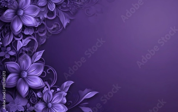 Fototapeta Violet purple background with lace-inspired floral patterns on the left side, creating an elegant and sophisticated design for a banner or poster template,


