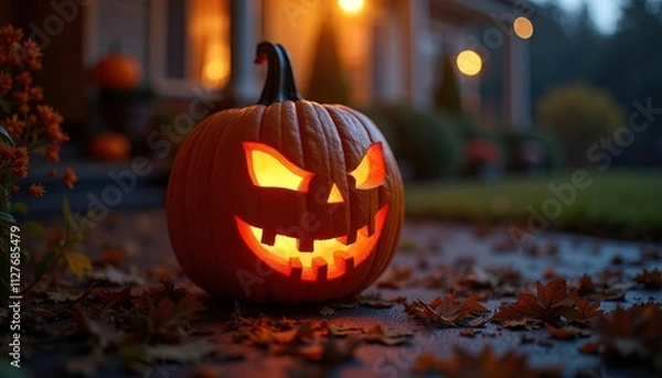 Obraz Spooky Halloween pumpkin glows on porch at night. Carved face, lit from inside. Autumn leaves on dark ground. Evening scene at house. Festive decoration for holiday. Creepy but charming ambiance.