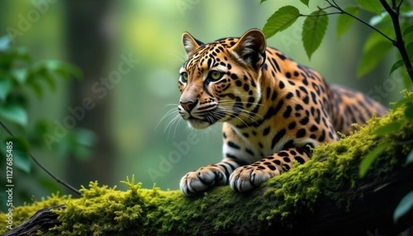 Fototapeta Clouded leopard rests stealthily on mossy tree branch. Wild animal camouflaged in rainforest plants. Predator in southeast asia jungle. Beautiful spotted cat, arboreal feline, native species. Exotic
