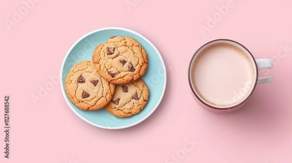 Fototapeta Delicious Chocolate Chip Cookies with a Cup of Milk on Pink Background