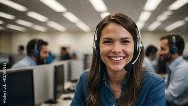 Fototapeta Dressed in blue, a smiling brunette telemarketing woman works as a call center operator, communicating with clients in a busy call center workspace. Tech support customer service