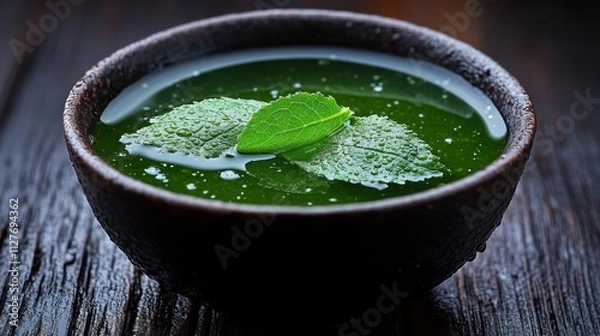 Fototapeta Green herbal tea in rustic bowl.