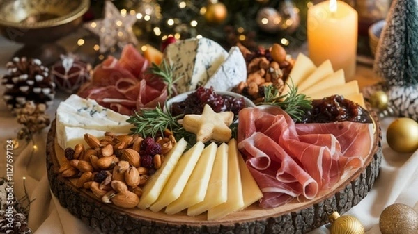 Fototapeta Festive Cheese and Charcuterie Board for Holiday Celebrations. Delight in a beautiful arrangement of cheeses, cured meats, nuts, and garnishes, perfect for holiday gatherings and celebration...