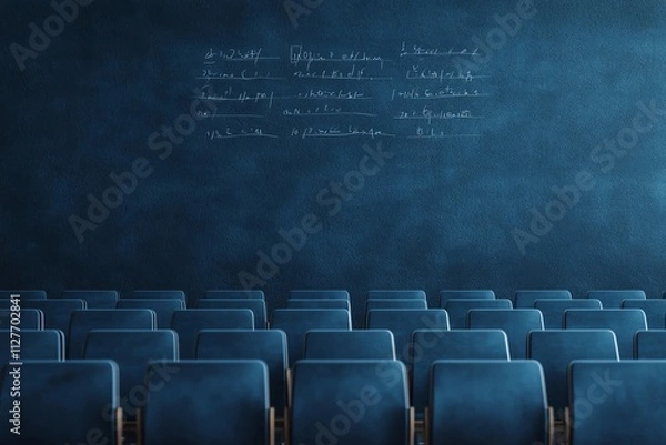 Fototapeta Empty classroom with blue chairs and chalkboard, symbolizing education and learning space.