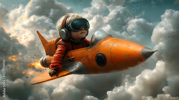 Fototapeta Child Pilot Soars Through Clouds in Retro Rocket, Adventurous Flight High Above