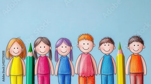 Fototapeta Coordination flat design front view synchronized actions cartoon drawing colored pastel