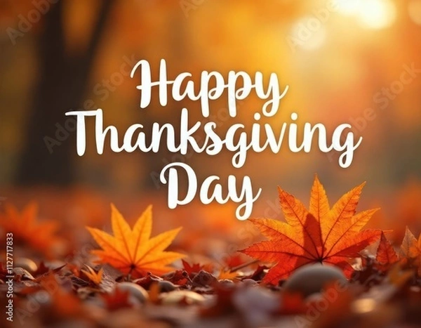 Fototapeta Autumn leaves Thanksgiving Day greeting. Bright orange, red autumn leaves on ground. Happy Thanksgiving Day text in white on blurry autumnal background. Bokeh effect creates warm ambiance. Autumn