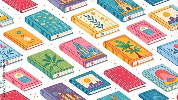 Fototapeta seamless pattern with bright books, white background