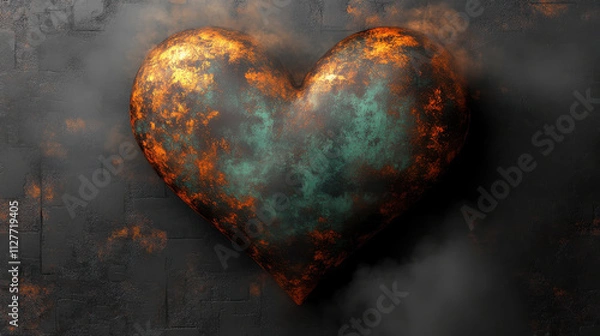 Fototapeta textured heart shape with turquoise and rust finish, set against dark background, evokes sense of depth and emotion. unique colors and patterns create striking visual impact
