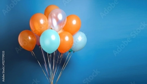 Fototapeta A Colorful Collection of Balloons: Vibrant Orange and Blue Balloons Floating Against a Bright Blue Background in a Captivating Display of Celebration and Joyful Atmosphere