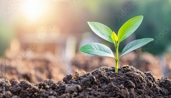 Fototapeta A Close-Up Macro Photo of a Young Green Tree Plant Sprout Emerging from Rich Black Soil, Showcasing Natures Resilience and the Beauty of New Growth in a Vibrant Ecosystem