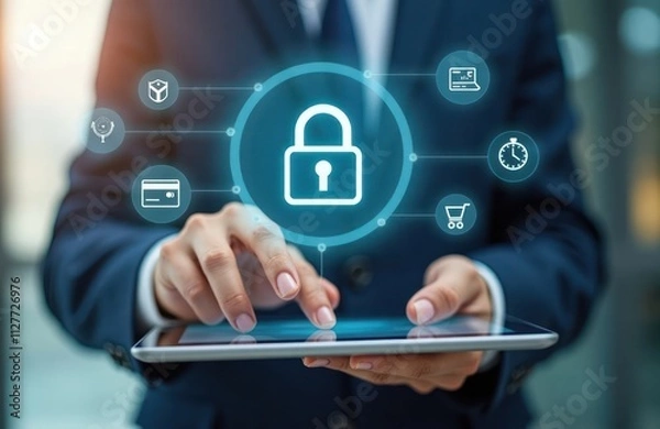 Fototapeta Business person using tablet to initiate online payment transaction. Secure, efficient payment methods displayed. Digital interface shows various secure tech details. Modern payment tech highlighted.