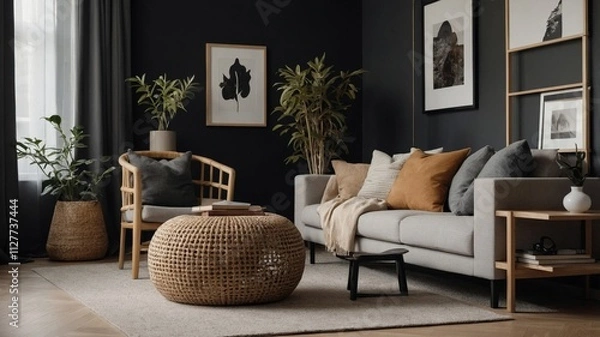 Fototapeta Stylish scandinavian living room with elegant accessories