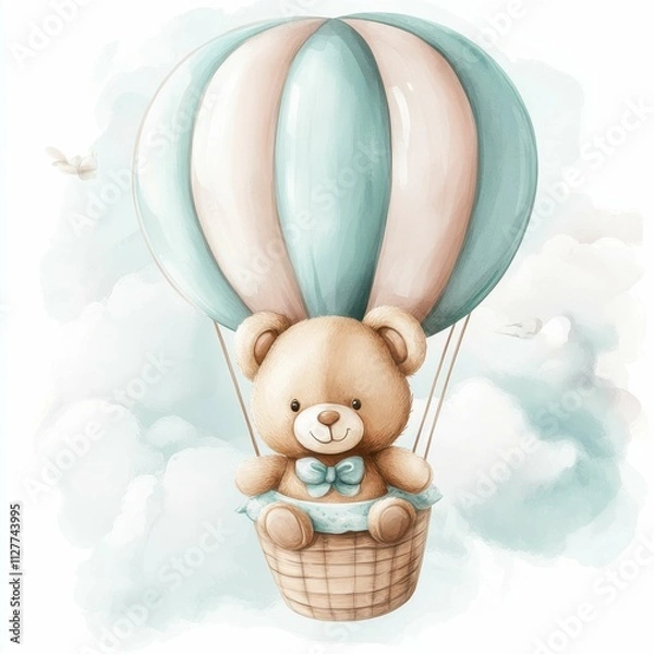 Fototapeta A whimsical illustration of a cute teddy bear in a hot air balloon, floating amidst soft clouds. Perfect for children's decor or playful themes in various creative projects.