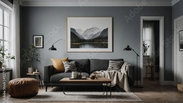 Fototapeta Room interior with painted frame in scandinavian style