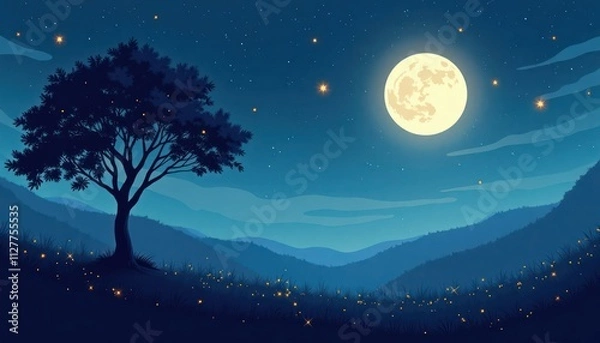 Fototapeta Moonlit night scene shows gentle hills, silhouette tree. Fireflies glow softly in grass. Tranquil, serene atmosphere under starry night sky, bright moon. Peaceful landscape ideal for nature lovers