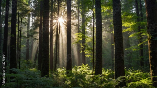 Fototapeta A dense forest with sunlight filtering though the tall trees