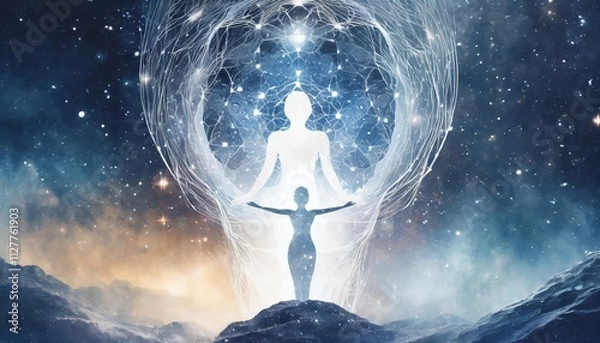 Fototapeta Astral Body Silhouette Against an Abstract Space Background: A Representation of Esoteric Concepts, Spiritual Life, and Meditation Practices for Inner Peace and Cosmic Connection