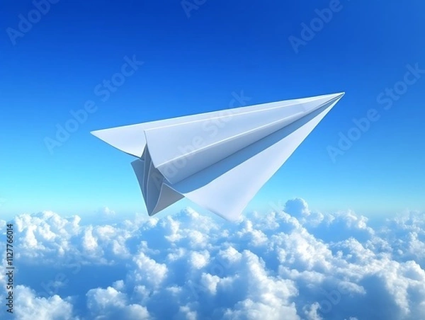 Fototapeta Paper Airplane Soaring Above Fluffy White Clouds