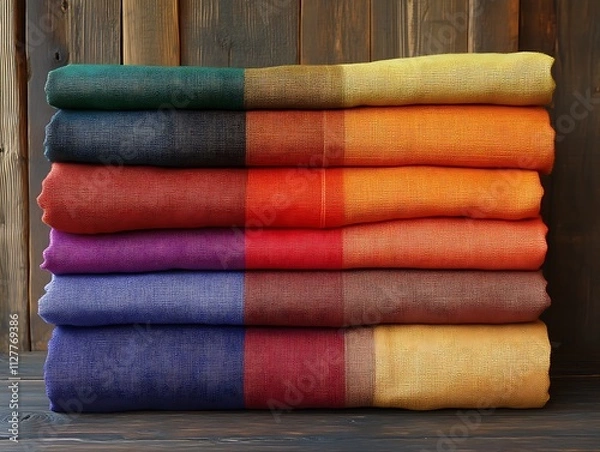 Fototapeta Stacked colorful textiles showcase vibrant hues and textures
