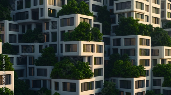 Fototapeta Urban green architecture featuring eco-friendly buildings modern cityscape digital art futuristic environment aerial view sustainability concept