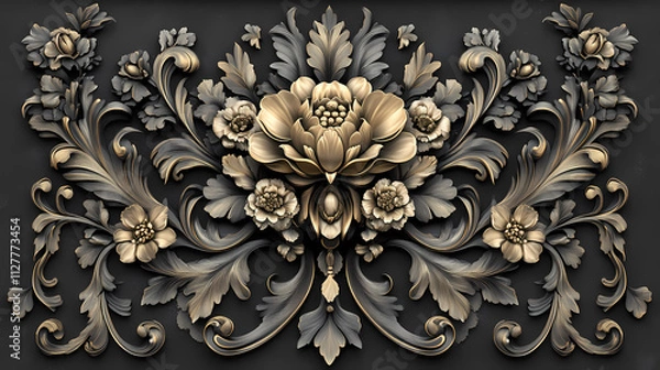 Fototapeta Ai-generated baroque floral ornaments monogram bas relief with rococo elements on dark background, baroque, floral. Rococo. Illustration