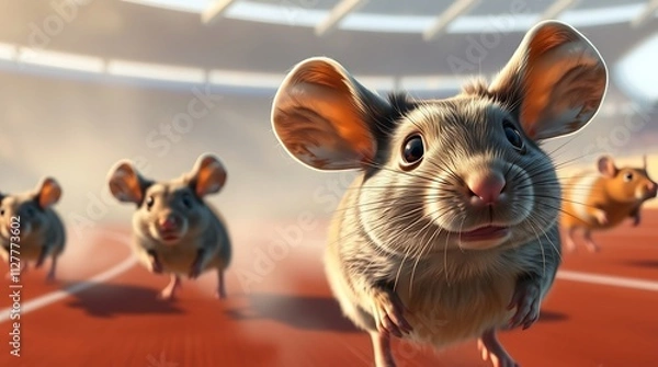 Fototapeta Close-up of rats running on a race track, illustrating the concept of a rat race with motion blur to emphasize speed and competition