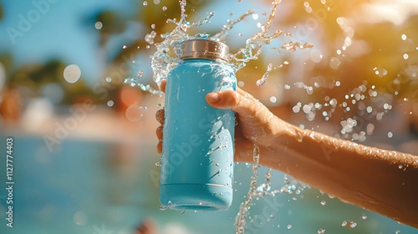 Fototapeta Hand Holding Reusable Water Bottle with Splashing Water
