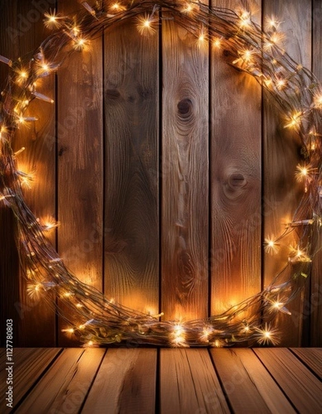 Fototapeta Warm, rustic wooden backdrop with glowing string lights forming a circle.