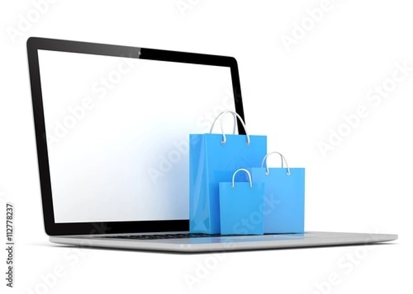 Obraz laptop and  shopping pags on white background. 3d rendering.