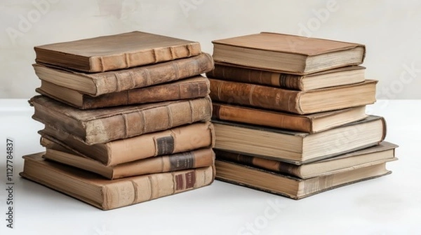 Fototapeta A collection of old, worn books stacked on a white surface.