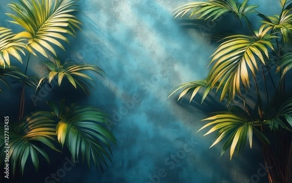 Fototapeta Palm Leaf Shadows on Soft Blue Background Minimalist Design for Summer Product Presentation