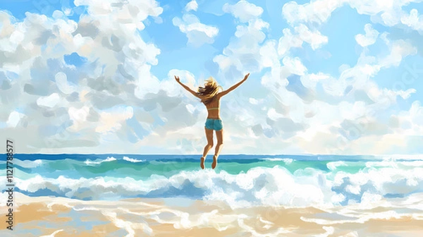Fototapeta Joyful person jumping on beach, ocean waves in background, sunny day. Ebullience. Illustration