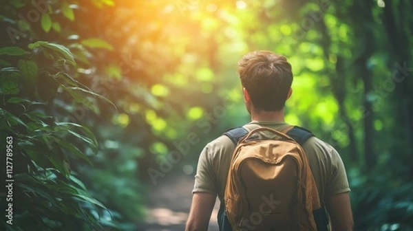 Fototapeta A young man with a backpack walking through a lush green forest trail.