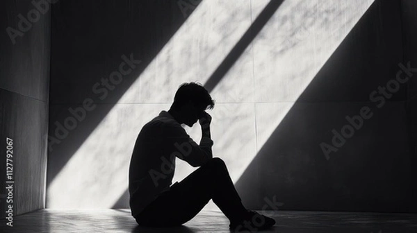 Fototapeta Silhouette of a Depressed Addict Sitting Alone by Concrete Wall Struggling with Alcohol and Drug Addiction Mental Health Loneliness