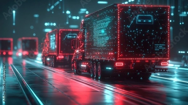 Obraz A smart fleet management dashboard showing connected trucks, with digital connections representing real-time data and optimized fleet operations.